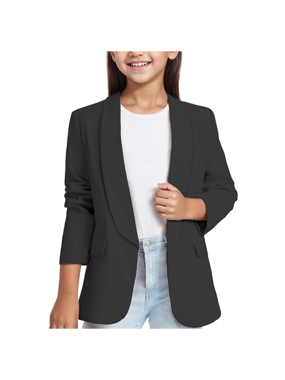 3-14Y Girls Blazer Long Sleeve Formal Blazers Suit Jacket Shawl Collar Open Front Inner Pocket for Kids Juniors Black