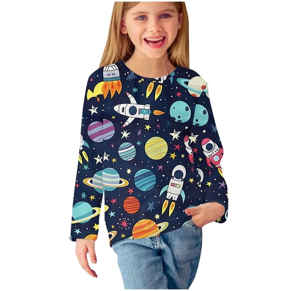 Zwiiyzr 3-14Y Girls Boys Long Sleeve Pullover Tops Fall Clothes Prints Shirts Cute Crewnecks Tops Dressy Casual Kids Sweatshirts Multicolor