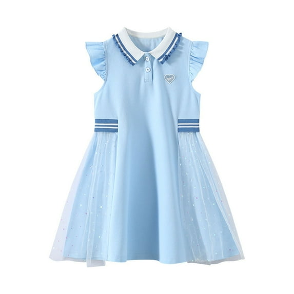Zwiiyzr 2025 3-14Y Girls Dress Soft Flutter Sleeve Princess Dress Patchwork Gauze Mesh Swing Dress Blue