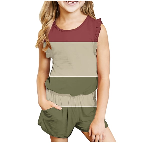 Zwiiyzr 3-14Y Kids Girl Clothes Summer Toddler Outfit Color Block Vest Tank Tops & Shorts Cute Clothing Sets Burgundy