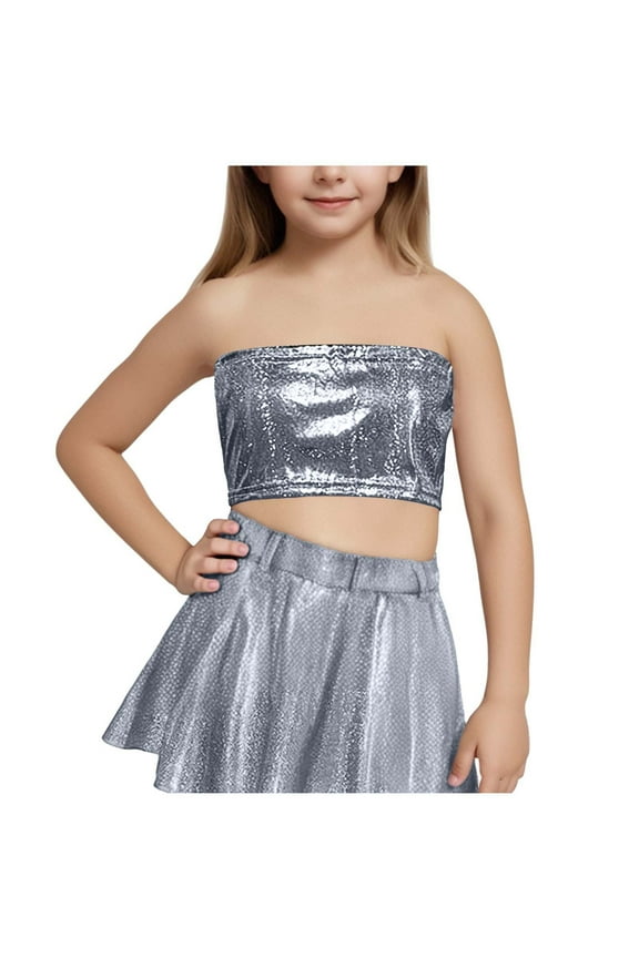 Zwiiyzr 2025 3-16Y Kids Girls Strapless Sequins Tube Tops Dance Vest Tank Crop Tops Sparkle Bandeau Dancewear Black