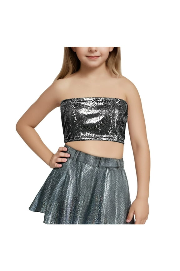 Zwiiyzr 2025 3-16Y Kids Girls Strapless Sequins Tube Tops Dance Vest Tank Crop Tops Sparkle Bandeau Dancewear Black