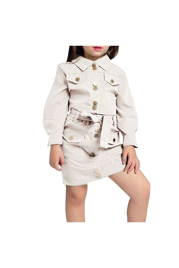 3-8Y Toddler Girls 2 Piece Denim Outfit Button Up Long Sleeve Jacket and Mini Jean Skirt Set White
