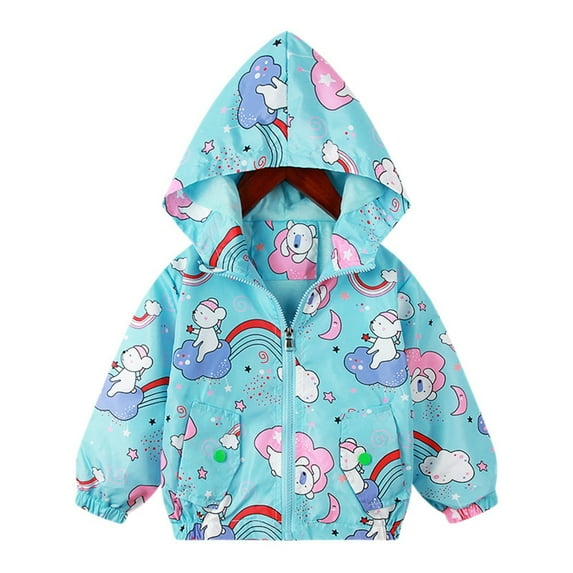 Zwiiyzr 3-9Y Girls Boys Cartoon Jackets Spring Zip Up Kids Lightweight Hooded Windbreaker Jacket Outerwear with Hood Light Blue