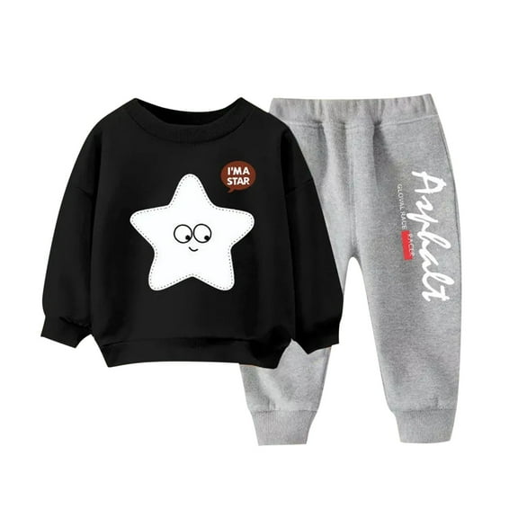 Zwiiyzr 3-9Y Toddler Baby Boy Girl Clothes Warm Fleece Lined Print Long Sleeve Sweatshirt Tops and Pants Winter Fall Clothing Set Black