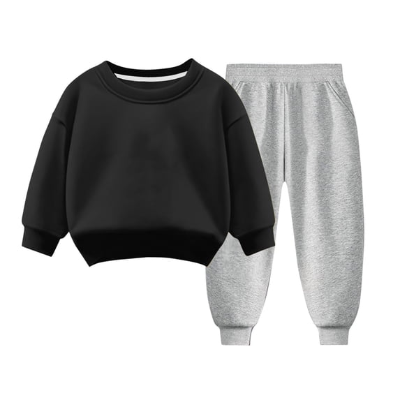 Zwiiyzr 3-9Y Toddler Baby Boy Girl Clothes Warm Fleece Lined Solid Long Sleeve Sweatshirt Tops and Pants Winter Fall Clothing Set Black