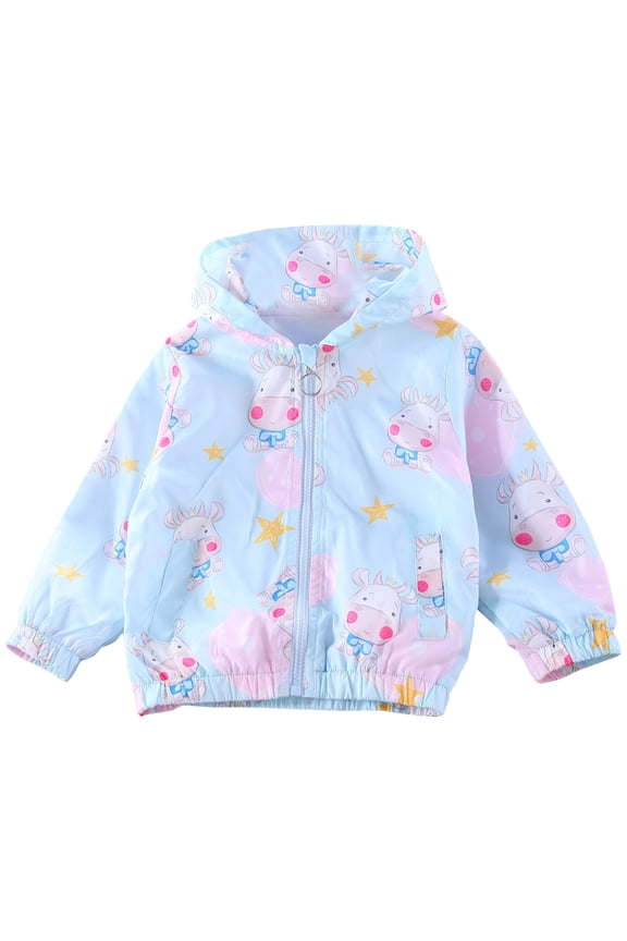 3-9Y Toddler Girls Cartoon Jackets Spring Zip Up Kids Lightweight Cute Hooded Windbreaker Jacket Outerwear with Hood Light Blue