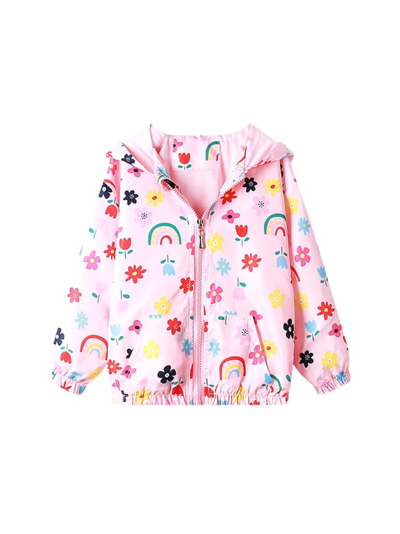 3-9Y Toddler Girls Cute Cartoon Jackets Spring Zip Up Kids Lightweight Hooded Windbreaker Jacket Outerwear with Hood Pink