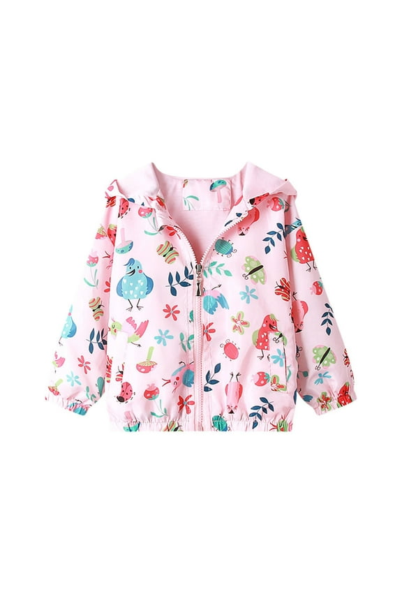 3-9Y Toddler Girls Cute Cartoon Jackets Spring Zip Up Kids Lightweight Hooded Windbreaker Jacket Outerwear with Hood Pink