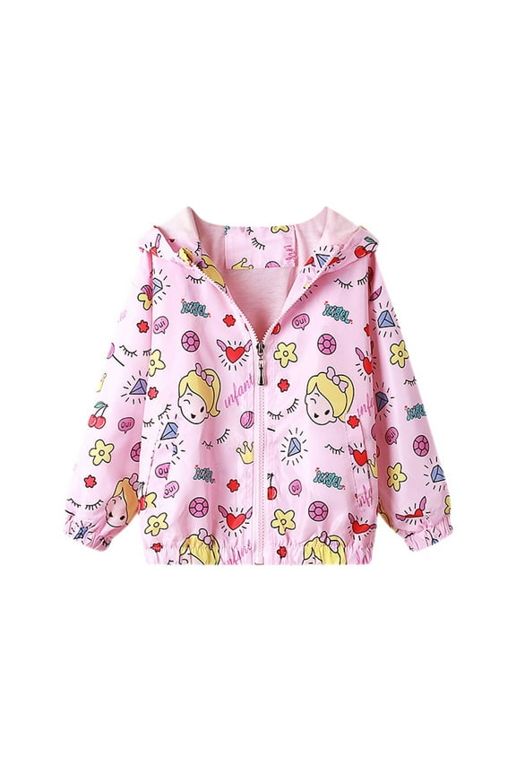 3-9Y Toddler Girls Cute Cartoon Jackets Spring Zip Up Kids Lightweight Hooded Windbreaker Jacket Outerwear with Hood Pink