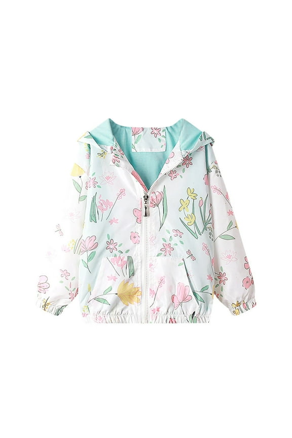 3-9Y Toddler Girls Cute Cartoon Jackets Spring Zip Up Kids Lightweight Hooded Windbreaker Jacket Outerwear with Hood White