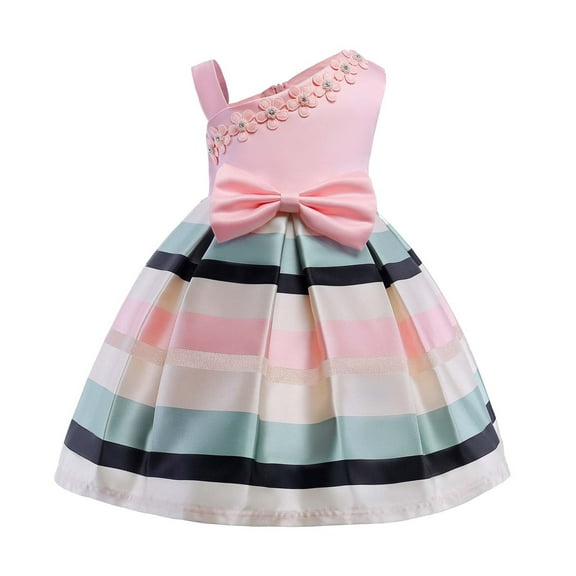 Zwiiyzr 3-9Y Toddler Girls Satin Bowknot Princess Dress Flower Decoration Birthday Party Gown Long Dresses Pink