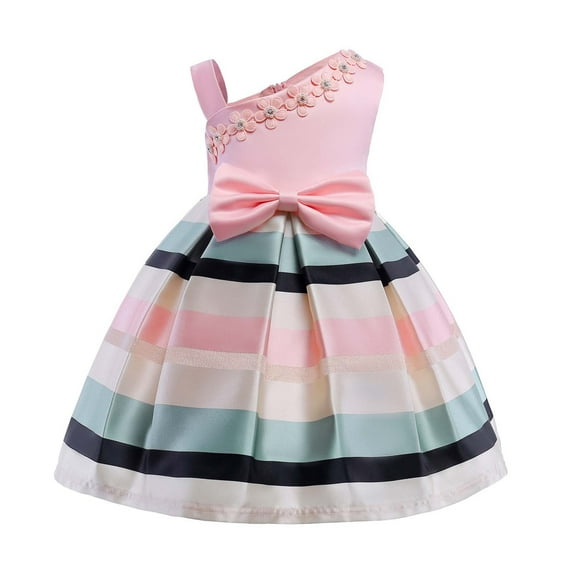 Zwiiyzr 3-9Y Toddler Girls Satin Bowknot Princess Dress Flower Decoration Birthday Party Gown Long Dresses Pink
