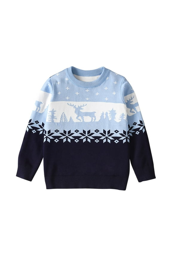 3-9Years Kids Boys Girls Christmas Sweaters Holiday Reindeer Knit Pullover Sweatshirt Long Sleeve Tops Shirt 2-8 Years Sky Blue