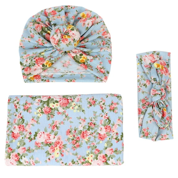 Zwiiyzr 3-Piece Set Newborn Swaddle Set With Hat + Large Bow Headband Baby Swaddle Blanket Newborn Photography Swaddle Wrap Receiving Blanket For Baby Girl Boy Blue