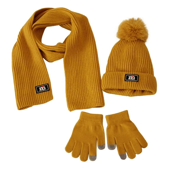 Zwiiyzr 2024 3 Pieces Toddler Baby Christmas Winter Knitted Hat Scarf and Gloves Set, Beanie Cap With Pompom, Scarf and Gloves for Boys Girls Yellow
