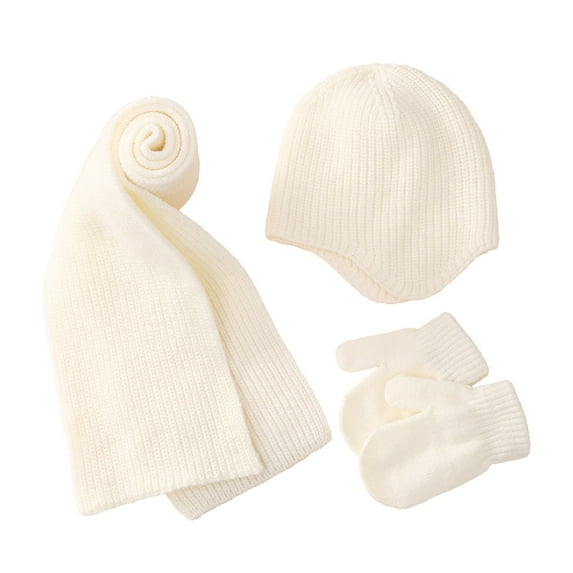 Zwiiyzr 3 Pieces Toddler Baby Winter Knitted Hat Scarf and Gloves Set, Beanie Cap With Pompom, Scarf and Gloves for Boys Girls Of 3-18 Months White