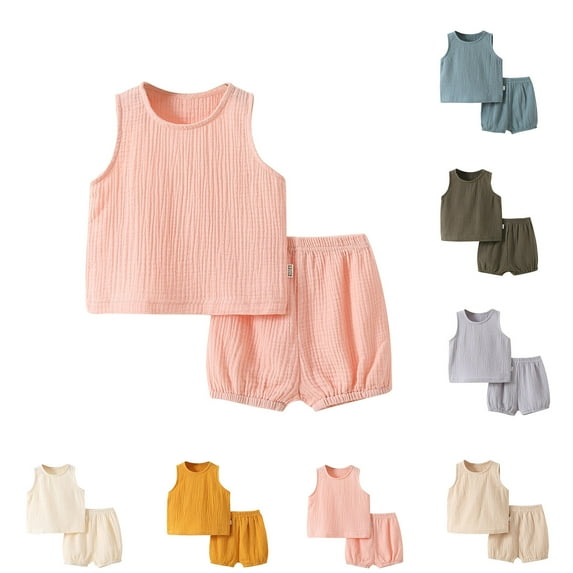 Zwiiyzr 3M-12M 2Pcs Infant Newborn Baby Outfits Set Toddler Boys Girls Sleeveless Tank Tops Shorts Clothes Solid Color Vest + Bloomers Suit Khaki