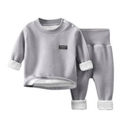 Zwiiyzr 2025 3M-3T Toddler Winter Warm Pajamas Boys Girls Baby Solid Color Fleece Lined Lounge Sets Baby 2Pcs Long Sleeve High Waisted Sleepwear Gray