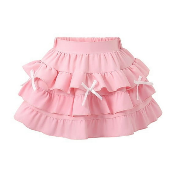 Zwiiyzr 2025 4-11Y Girl's Tiered Layer Shirred Skirts Casual Solid Color High Waisted Pleated Ruffle Flowy Elastic Skirts Pink