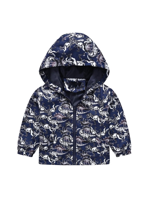 4-13Y Kids Toddler Boys Dinosaur Cartoon Jackets Zip Up Kids Lightweight Hooded Windbreaker Jacket Spring Fall Outerwear with Hood Dark Blue