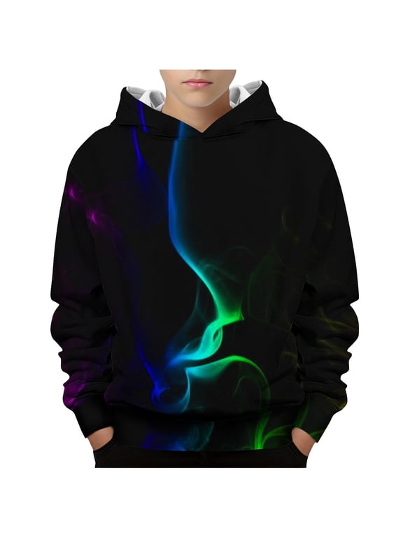 4-14 Years Boys Hoodies Sweatshirt Long Sleeve Pattern T-Shirt Printed Round Neck Hooded Sweatshirt Black