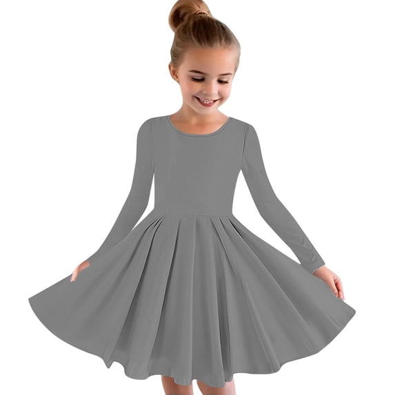Zwiiyzr 4-14Y Girls Long Sleeve Skater Twirly Dresses Casual Solid Color Pleated A-Line Dress for Toddler School Recital Dress Gray