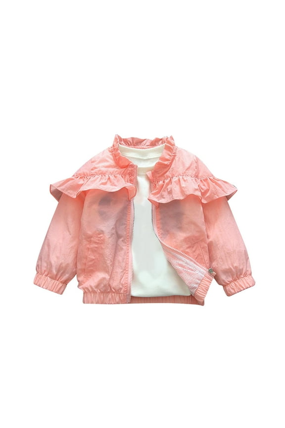 4-15Y Girls Juniors Ruffled Jackets Spring Zip Up Kids Lightweight Windbreaker Jacket Outerwear Pink