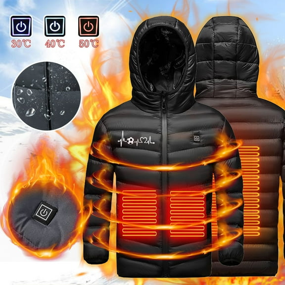 Zwiiyzr 4-15Y Kids Teens Unisex Heated Jacket Usb Intelligent Constant Temperature Heated Windproof Plus Size Coat For Children Winter 3 Heated Jacket Coat Black