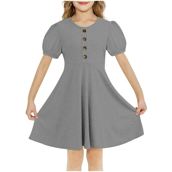 Zwiiyzr 2025 5-15Y Girls Dress Solid Color Summer Round Neck Dress Casual And Comfortable Dress Gray