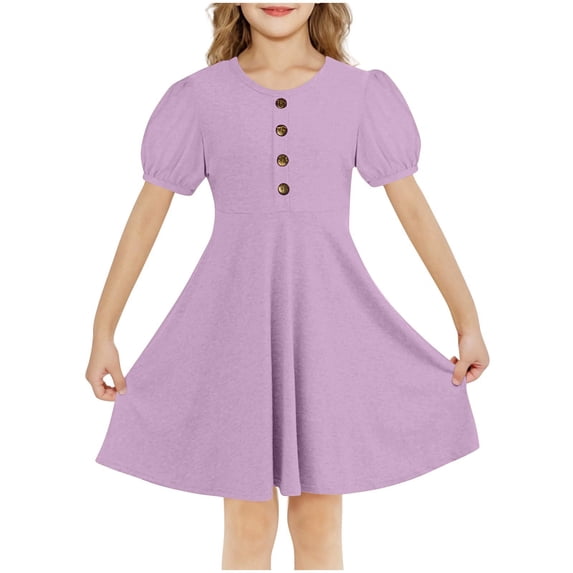 Zwiiyzr 2025 5-15Y Girls Dress Solid Color Summer Round Neck Dress Casual And Comfortable Dress Purple