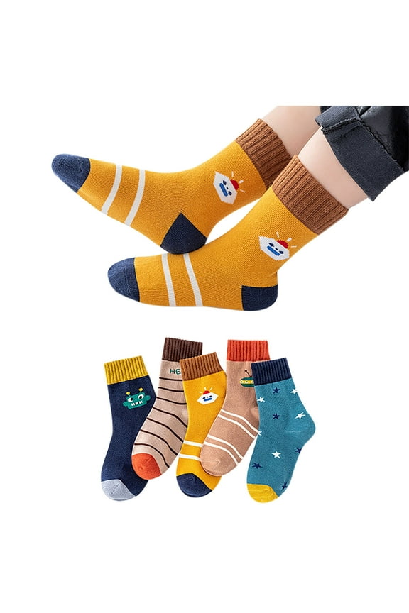 Zwiiyzr 5 Pack Kids Cute Cartoon Socks for Baby Boys and Girls Cotton Crew Socks for Toddler Teens Mid-Calf Socks 1-13 Years Yellow