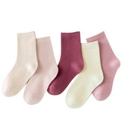ZWIIYZR 5 Pack Kids Solid Color Cotton Socks for Boys and Girls Crew Socks for Toddler Teens Mid-Calf Socks 1-15 Years Pink