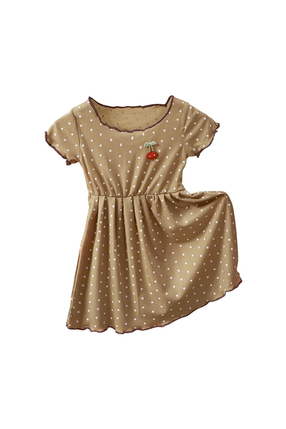 2025 6M-10Y Baby Girl Clothes Infant Toddler Dress Trendy Cute Polka Dot Print Flowy Swing Short Sleeve Dress Brown