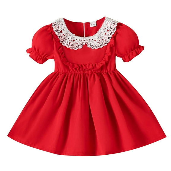 Zwiiyzr 2025 6M-3T Baby Girl Clothes Infant Toddler Dress Summer Puff Short Sleeve Lace Doll Collared Princess Dress Red
