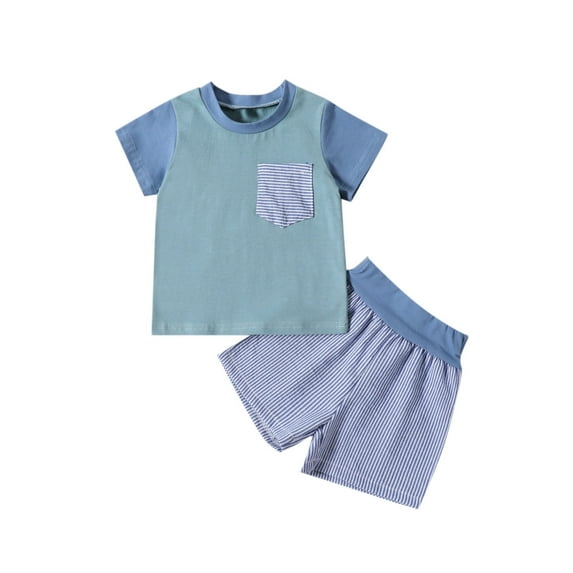 Zwiiyzr 6M-3T Toddler Baby Boy Clothes Infant Cotton Summer Set Color Block Cute Outfit Short Sleeve T-Shirt Top Elastic Short Suit Blue