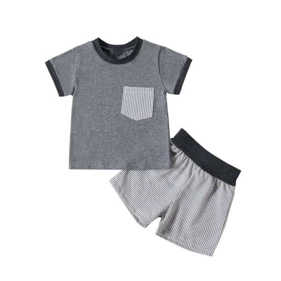 Zwiiyzr 6M-3T Toddler Baby Boy Clothes Infant Cotton Summer Set Color Block Cute Outfit Short Sleeve T-Shirt Top Elastic Short Suit Gray