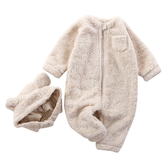 Zwiiyzr Toddler Baby Girls Boys Fuzzy Fleece Romper with Hat Set Long Sleeve Solid Color Warm Onesie Round Neck Jumpsuit Romper Beige