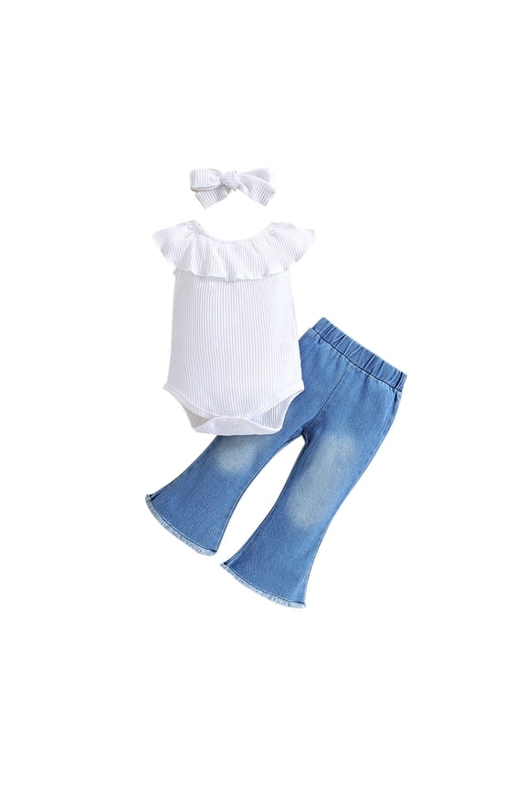 6M-3T Toddler Baby Girls Clothes Set Ruffle Romper Flare Denim Jean Pants and Headband 3Pcs Set Newborn Infant Outfits Set White