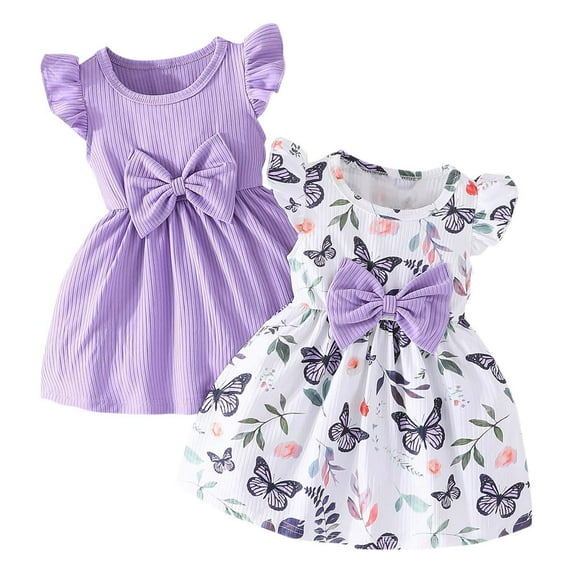Zwiiyzr 2025 6M-3T Toddler Girls 2 Pack Dress Ruffle Sleeveless Floral Print Dress + Solid Color Dress for Girl Sets Casual Dress Set Purple
