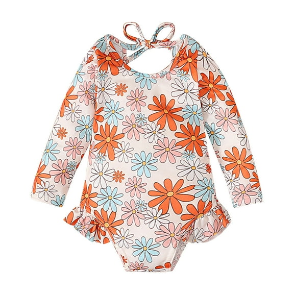 Zwiiyzr 2025 6M-3T Toddler Girls Rash Guard One Piece Swimsuits Cute Flower Print Long Sleeve Sunscreen Seaside Surfing Swimsuit Orange