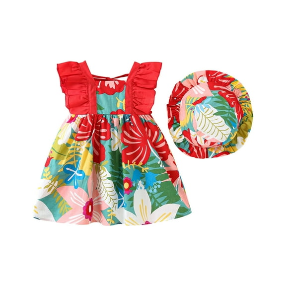 Zwiiyzr 2025 6M-3Y Infant Toddler Baby Girls Dress Trendy Cute Sleeveless Sweet Flower Print Ruffle Dress Hat Set Red