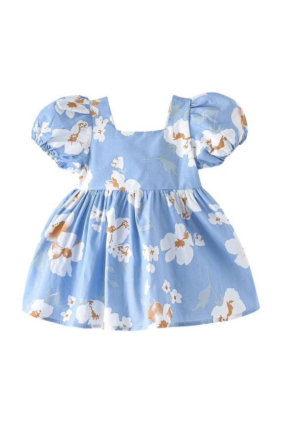 2025 6M-3Y Newborn Baby Girl Clothes Toddler Infant Casual Puff Sleeve Cotton Sundress Summer Girl Dress Blue