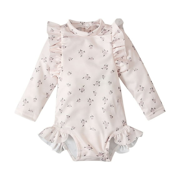 Zwiiyzr 2025 6M-4T Toddler Girls Rash Guard One Piece Swimsuits Cute Flower Print Long Sleeve Sunscreen Seaside Surfing Swimsuit Pink