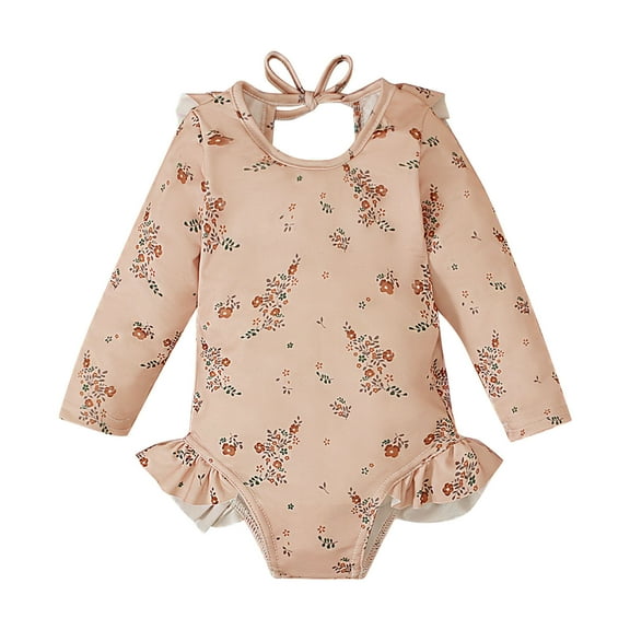 Zwiiyzr 2025 6M-4T Toddler Girls Rash Guard One Piece Swimsuits Cute Stripe Print Long Sleeve Sunscreen Seaside Surfing Swimsuit Beige