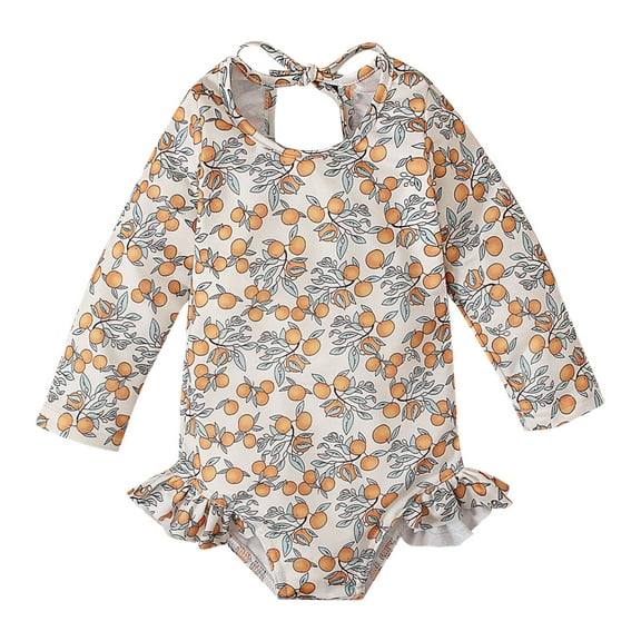 Zwiiyzr 2025 6M-4T Toddler Girls Rash Guard One Piece Swimsuits Cute Stripe Print Long Sleeve Sunscreen Seaside Surfing Swimsuit White
