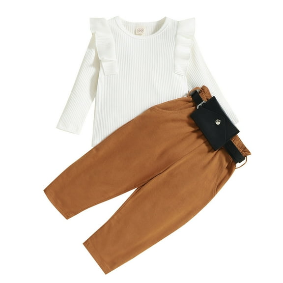 Zwiiyzr 2025 6M-4T Toddler Girls Spring And Autums Set Round Neck Knitted Ruffled Long-Sleeved Top Harlem Pants Waistcoat Three-Piece Suit White
