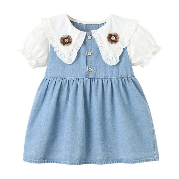 Zwiiyzr 2025 6M-4Y Baby Girl Clothes Infant Toddler Dress Trendy Cute Flower Print Doll Collared Denim Dress Light Blue