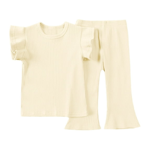 Zwiiyzr 6M-5T Infant Toddler Baby Girl Summer Clothes Set Ruffle Knit Ribbed Short Sleeves T-Shirts Tops Flared Pants 2Pcs Outfits Beige
