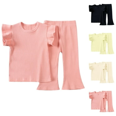 Zwiiyzr 6M-5T Infant Toddler Baby Girl Summer Clothes Set Ruffle Knit Ribbed Short Sleeves T-Shirts Tops Flared Pants 2Pcs Outfits Pink